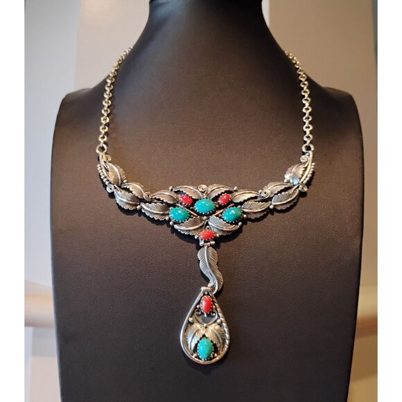 Southwest Native Style Sterling Silver Coral & Turquoise Feather Design Necklace - Picture 3 of 7